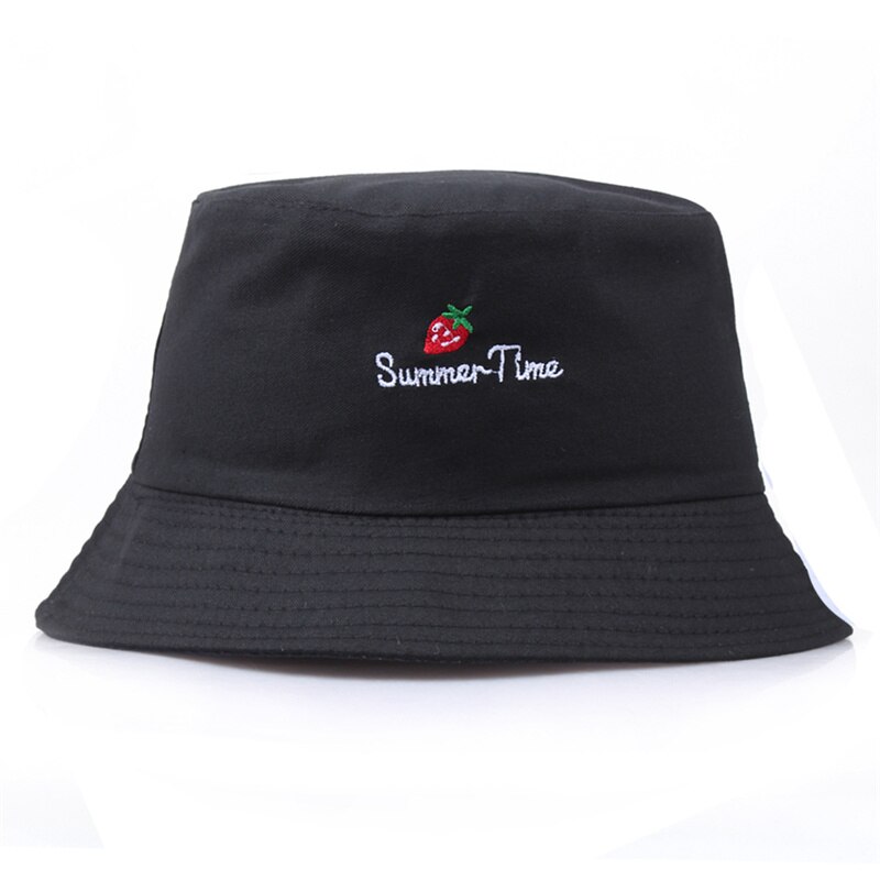 Jordbær sommer tid broderi spand hat til mænd kvinder hip hop fisker hat voksen panama bob hat sommer elskere flad hat  f09: Sort
