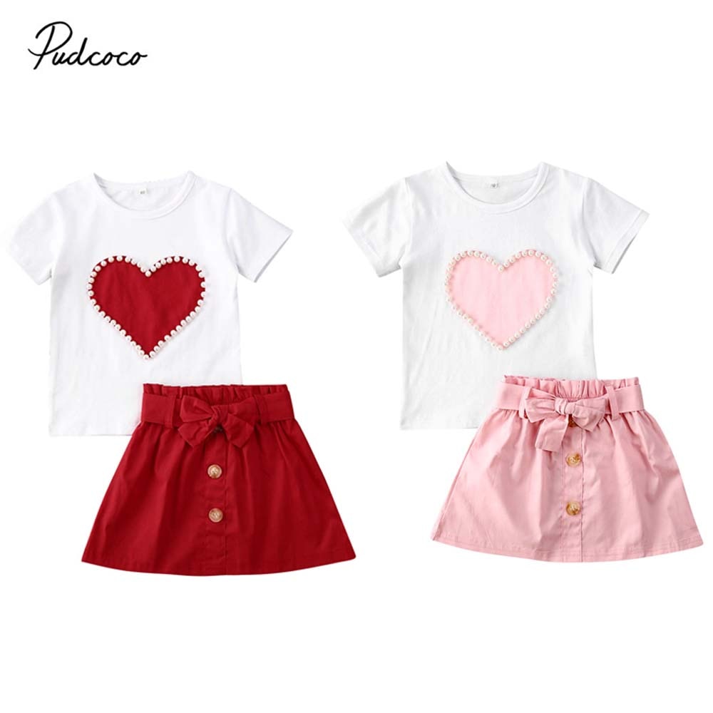 Baby Summer Clothing 1-5T Infant Kid Valentine Clothes Pearls Heart Top Shirt Skirt 2Pcs Set Outfit