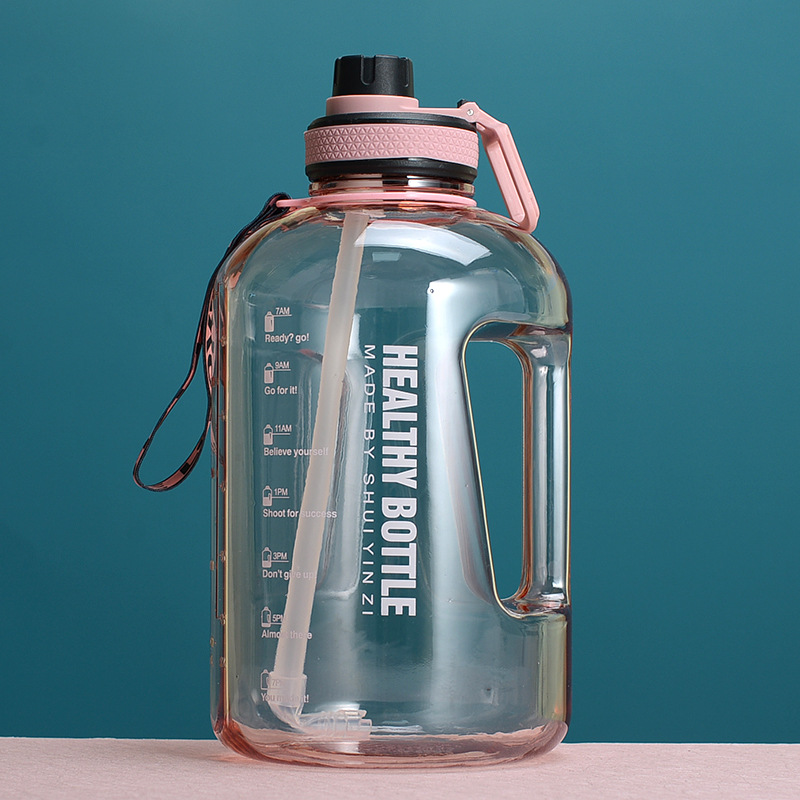 2.2L large capacity water cup sports fitness gallon straw big water bottle high temperature resistant plastic ton barrel: Pink