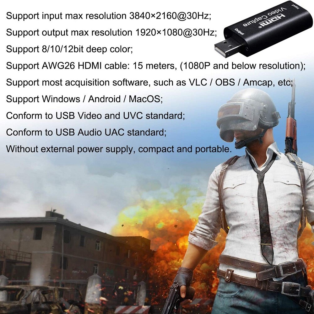 Audio Video Capture Card HDMI to USB 1080p USB2.0 Record via DSLR Camcorder Action Cam for High Definition Acquisition Smart