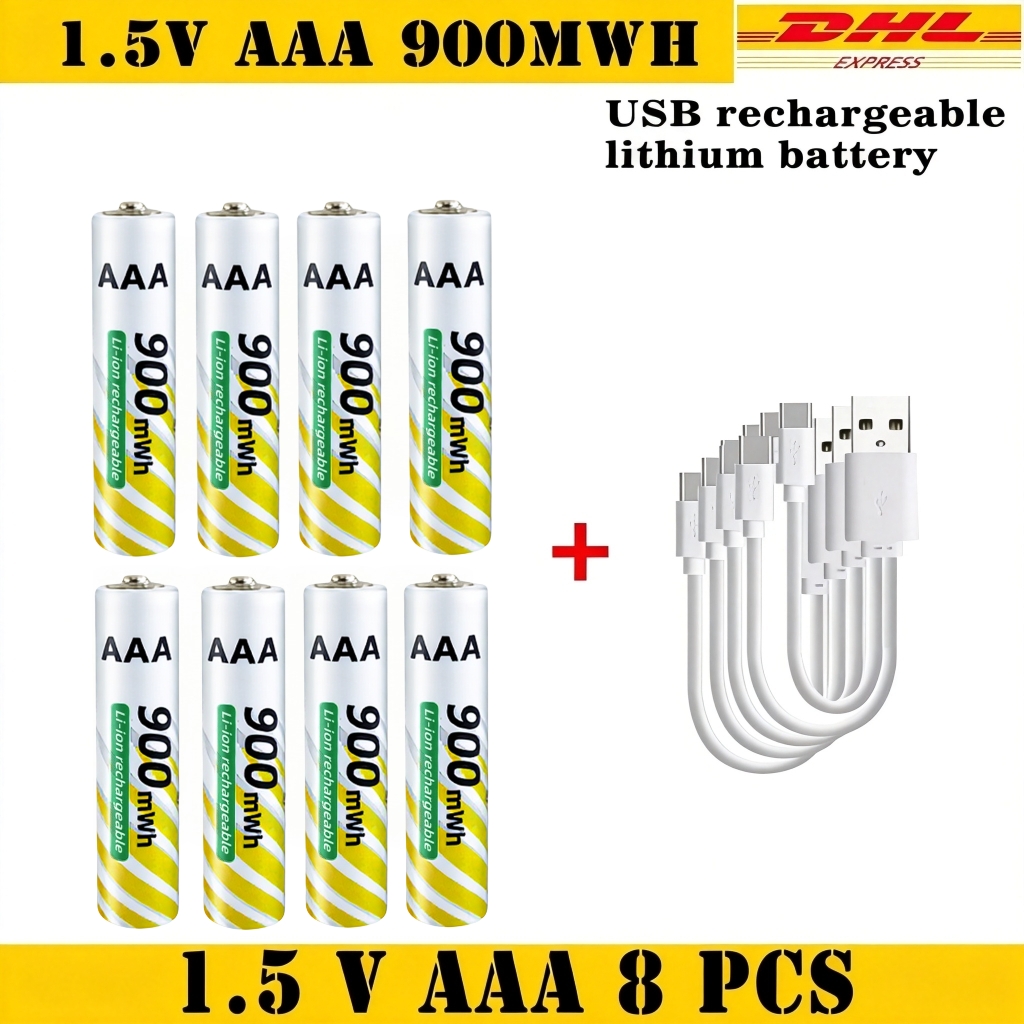 1.5V AA 3400mWh + AAA 900mWh Rechargeable Lithium Battery Set with USB-C Fast Charging Type C Cable air transport: Burgundy
