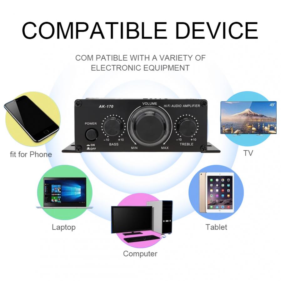 AK170 HIFI Stereo Power Amplifier Audio For Car Karaoke Home Theater 2 Channel Bluetooth Class D Digital Sound Amplifier USB SD