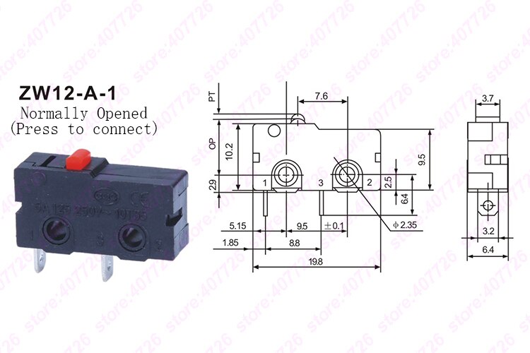 Micro interrupteur 10mm x 20mm 5 pièces/lot | 3 broches/2 broches 5A 250VAC série ZW12, interrupteur Tact allumé: ZW12-A-1