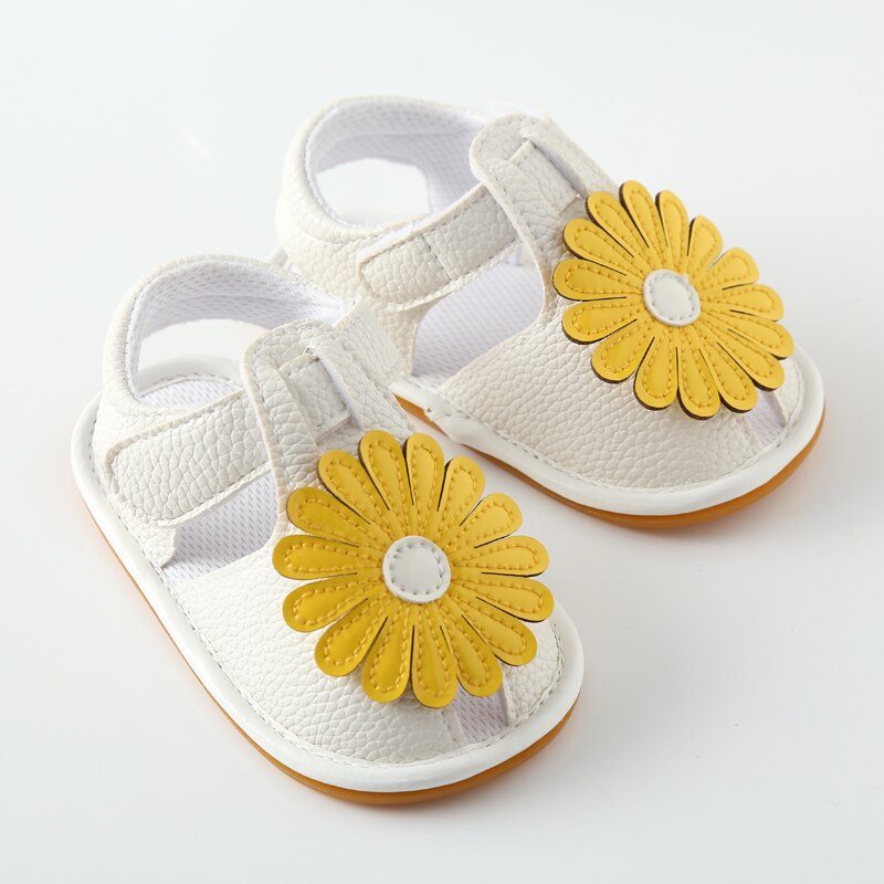 Sandalias de suela suave para bebé niña, zapatos de cuna de girasol, zapatos para bebé, niña, Prewalker, suela dura, zapatos exteriores: Blanco / 13-18 meses