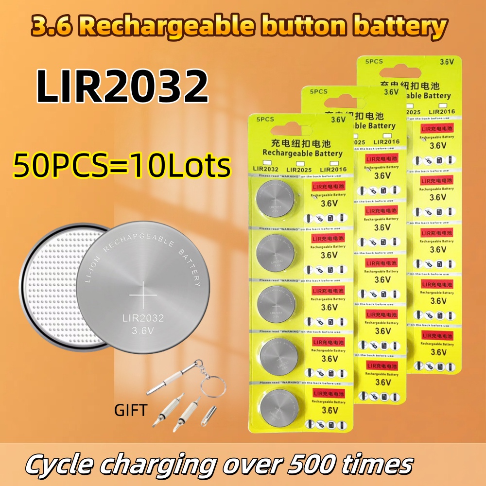 2-50PCS LIR2032 Conveniently Rechargeable Battery 2032 Lithium charging Can Replace 3.6v 40mAH CR2032 for watches Coin Battery: Red