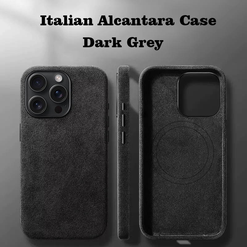 Italiaans Alcantara-hoesje voor iPhone 15 Pro Max Zacht lederen telefoon achterkant voor iPhone 15 Pro-magneten voor MagSafe grijs blauw: Eva / Khaki