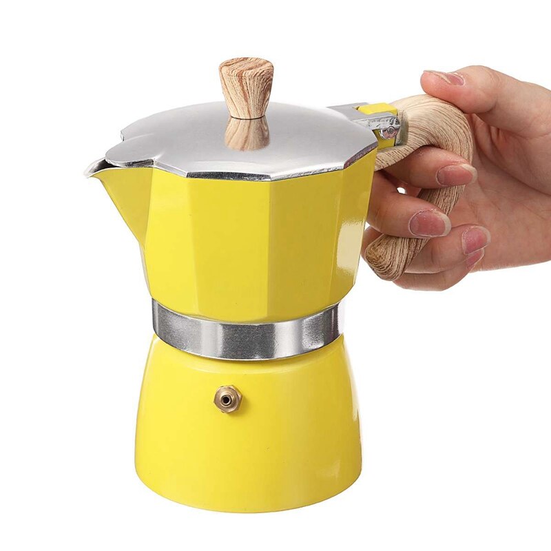 Aluminium italiensk moka espresso kaffemaskine filter komfur pot 3 kopper (gul)