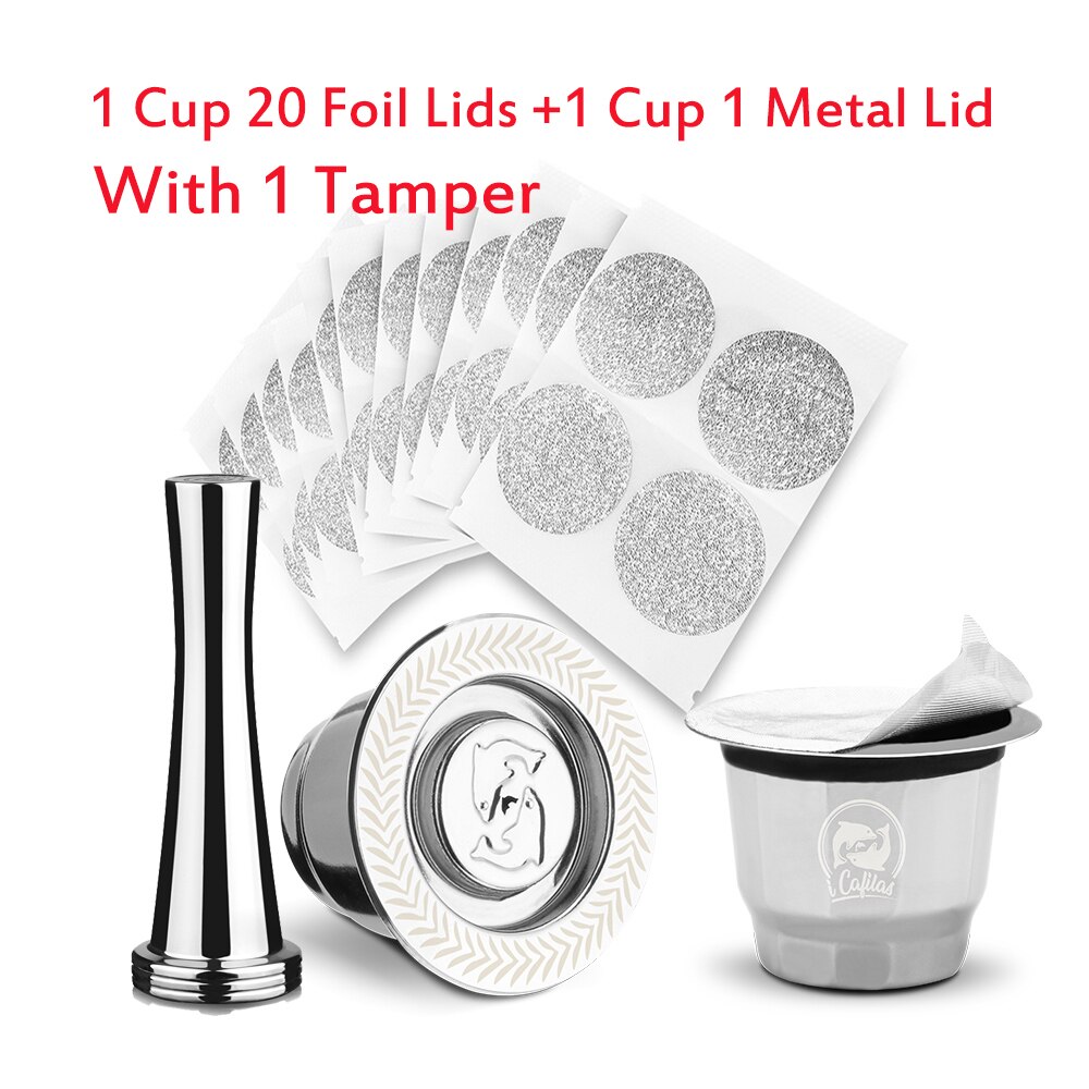 2 in 1Usage Nespresso Capsule Filter Refillable Crema Coffee Capsules Pods Compatible With Reusbale Lids Foils: 2 Cup 2Lid 1T