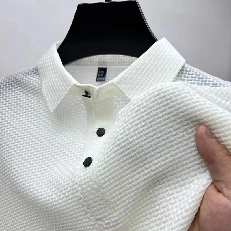 Nueva camisa POLO de Color sólido con flores de hueso de manga corta informal de negocios para hombre, Top versátil cómodo y transpirable a la para verano: XXXL / Blanco