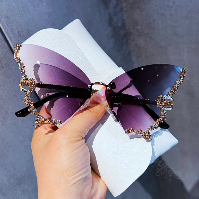 Luxus Diamant Schmetterling Sonnenbrille Frauen Y2K Jahrgang Randlose Übergroße Sonnenbrille Damen Brillen