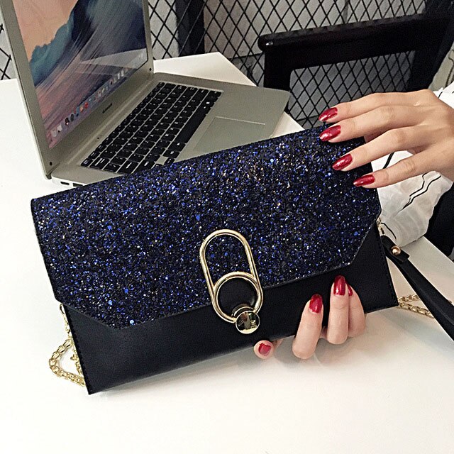 Sac à main en cuir à paillettes pour femmes, pochette de soirée pour fête d&#39;anniversaire, luxe pour dames,: black-blue