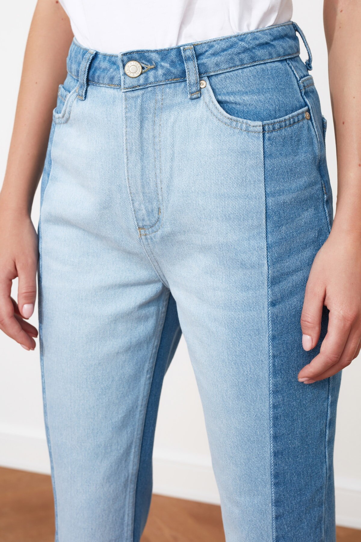 Trendyol blokkete høy bel mamma jeans denim bukser uformelt denim yttertøy blå streetwear årgang kvinner jeans posete jeans blå slenge 20 je 0080