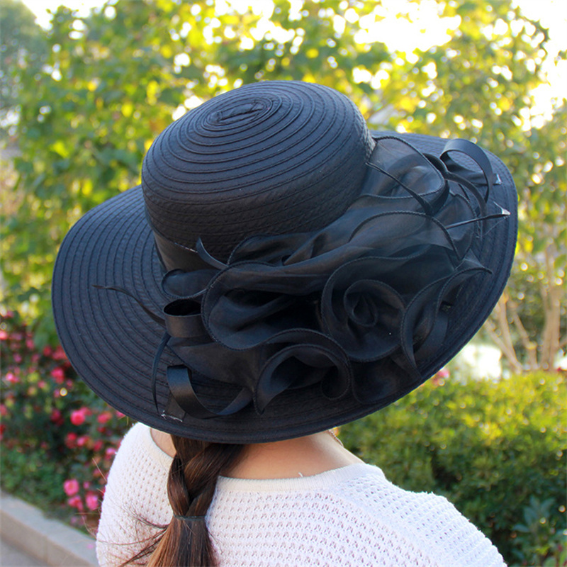 Kentucky Derby Floral Big Brim Hat Women's Organza Wedding Headwear Hat Foldable SunHat Beach with Beaded Festival hat