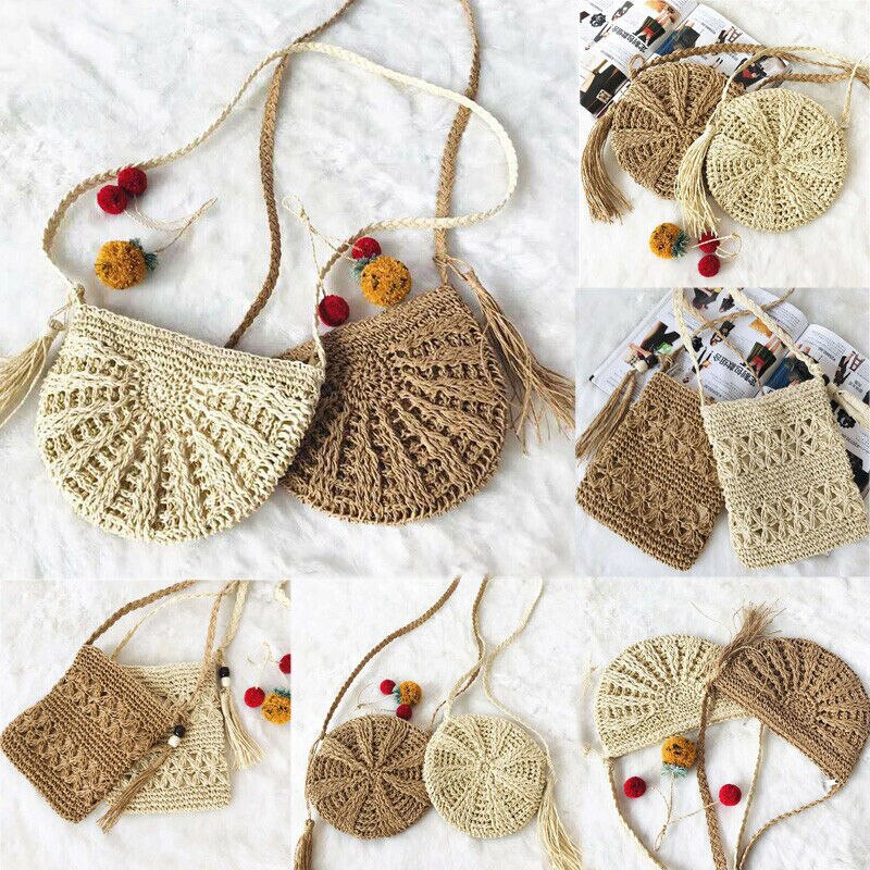 3 de las mujeres bolsa de paja de mimbre tejido bolso verano playa bolsas de vacaciones de playa Casual hecho a mano monederos