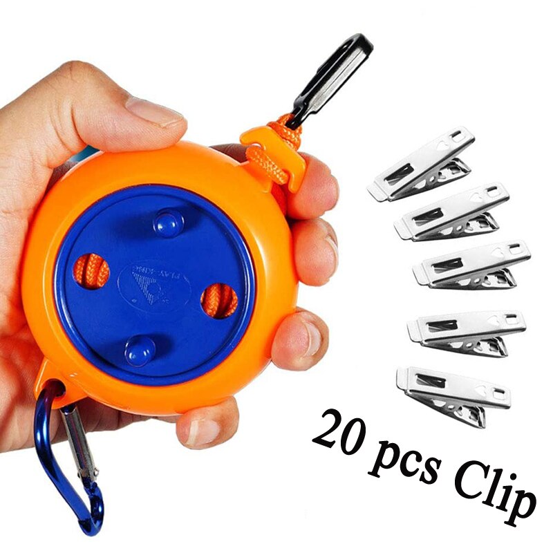 8m Retractable Clothesline Portable Windproof Clothes Dry Line Hanging Clothing Rack Rope Outdoor Travel Hotel Clothes Line Box: kit 2-with 20 clip