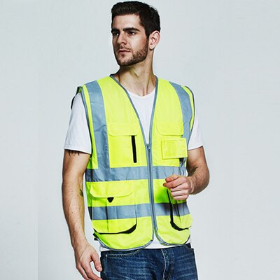Sfvest herre cargo arbeidsvest multi lommer gylden sikkerhetsvest reflekterende vest arbeidsklær ogo utskrift: Hivis gul / M-bryst 112cm