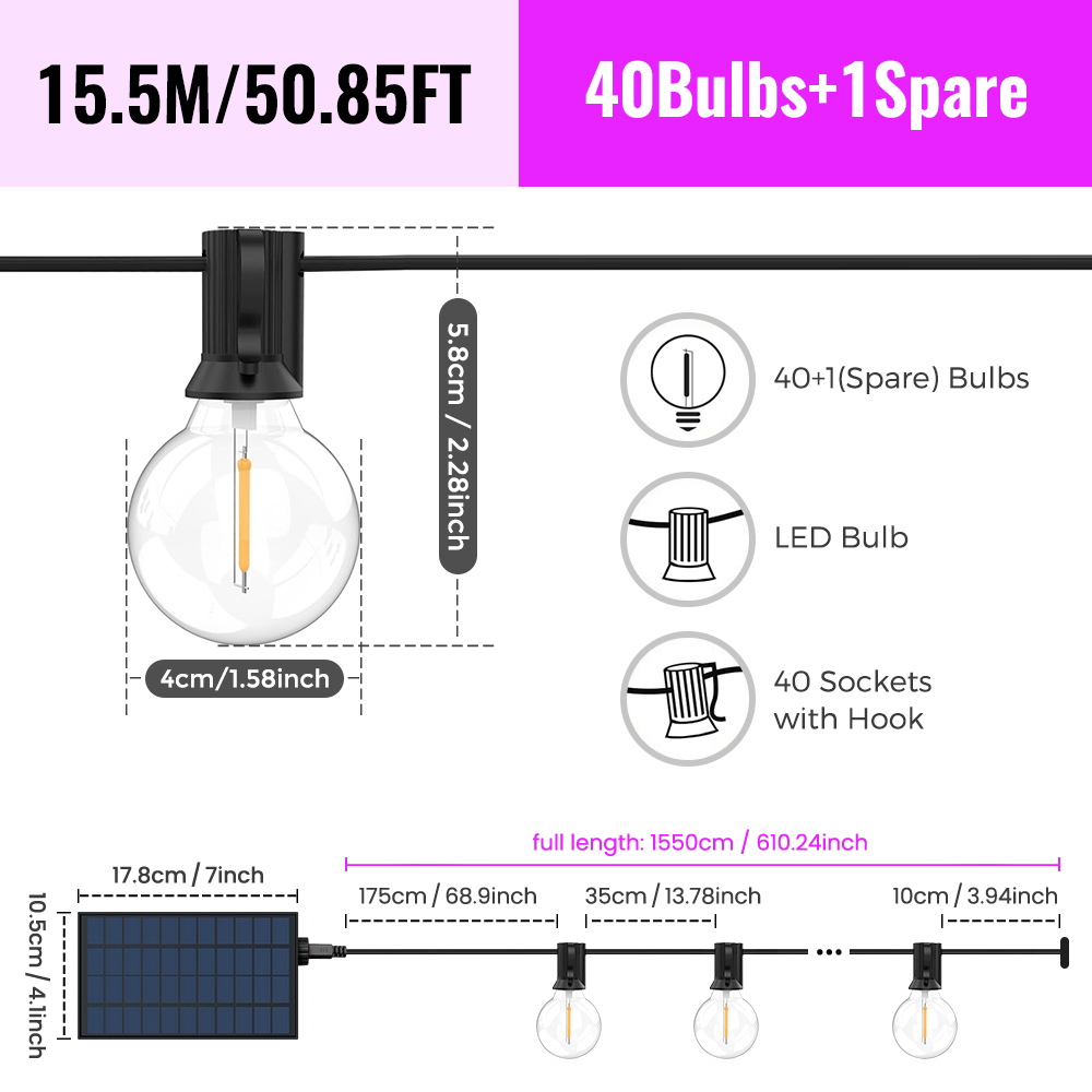 Cadena Solar para exteriores, luces y control remoto para Patio G40, cargador USB, 8 modos de luz, bombillas inastillables, lámpara colgante resistente a la intemperie: Azul