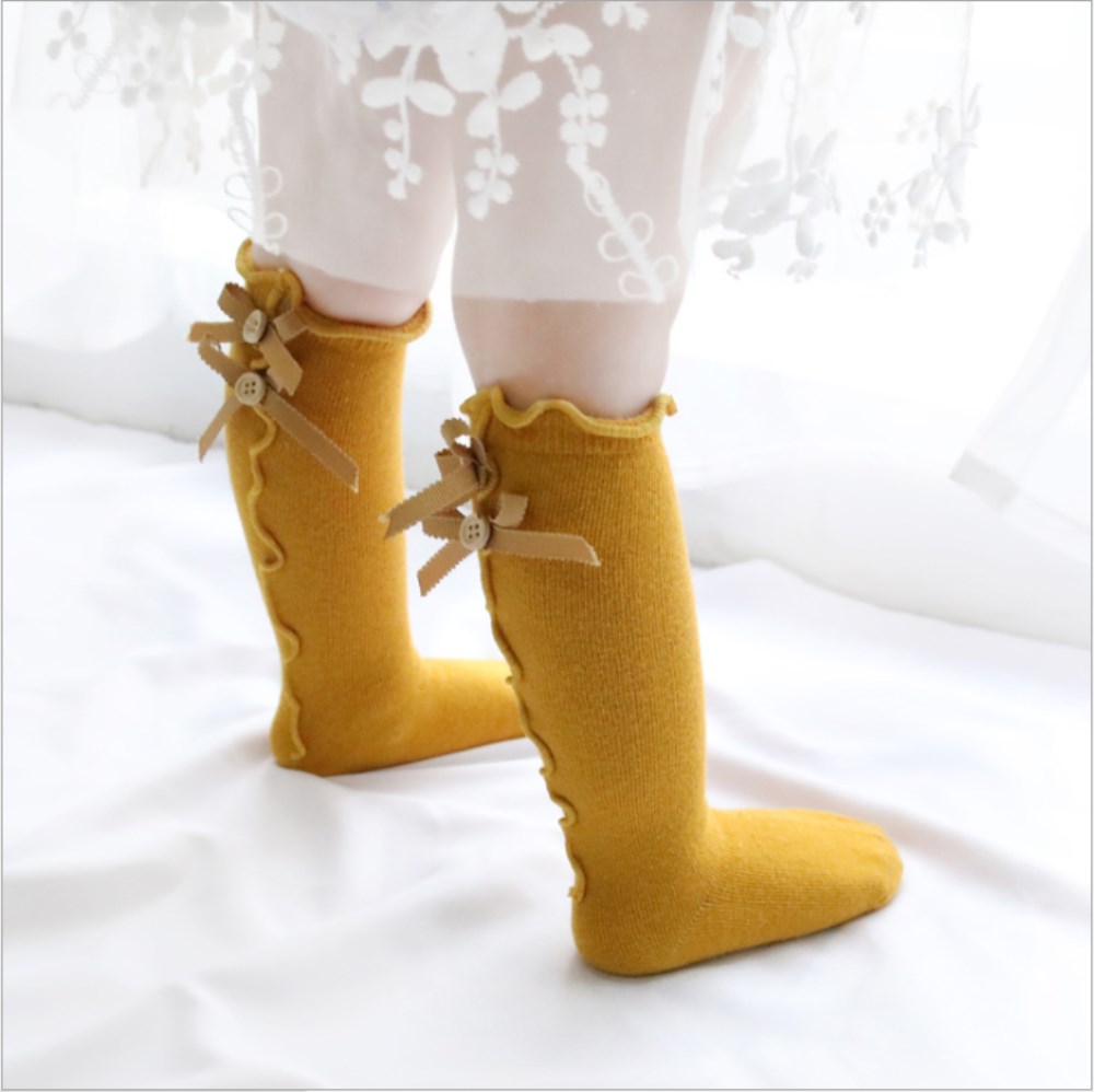 Kids Peuters Meisjes Sokken Grote Boog Knie Hoge Lange Zachte Katoen Kant Baby Solid Herfst Warm Ruches Boog: YELLOW / 1-3 Years