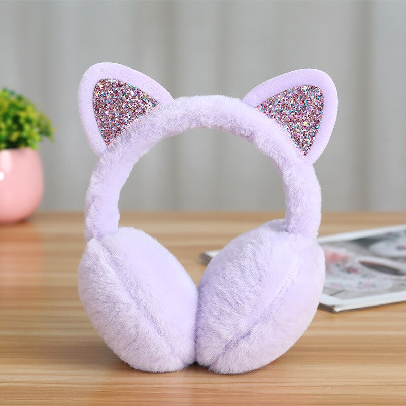 Earmuffs orelhas de gato brilhante earmuffs pelúcia inverno bonito glitter sequinear aquecedores earmuffs proteção fria macio earmuffs: ROXO