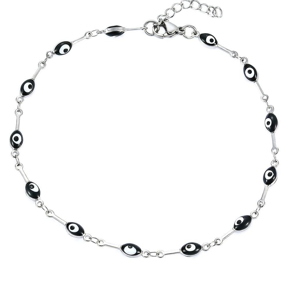 Pulsera de tobillo de acero inoxidable con cuentas de esmalte de 4MM, superposición de oro con Mini pulsera ajustable de estilo de ojo malvado de colores con extensor: Black / 17.5cm Bracelet