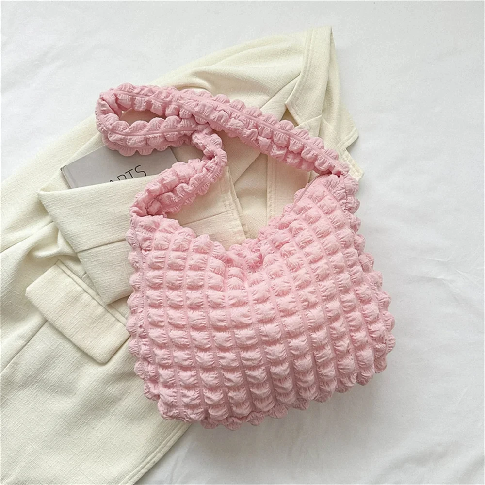 Umhängetasche mit plissiertem , bestickte karierte Umhängetasche, Unterarmtaschen, einfache gesteppte Tragetaschen mit großer Kapazität für Damen: Rosa