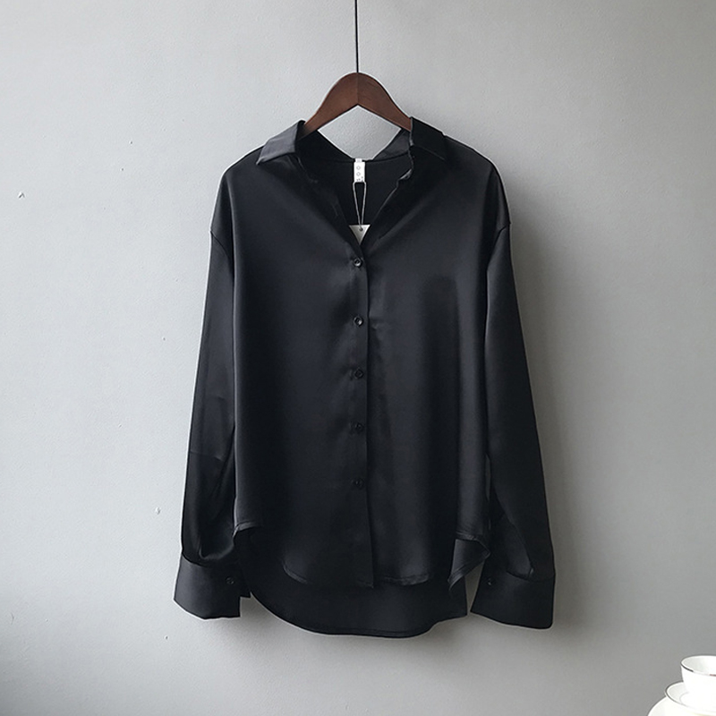 Vårskjorte med knapper i sateng og silke, vintagebluse, hvite topper, dame, lange ermer, løse gateskjorter, 11355: Xxl / Svart