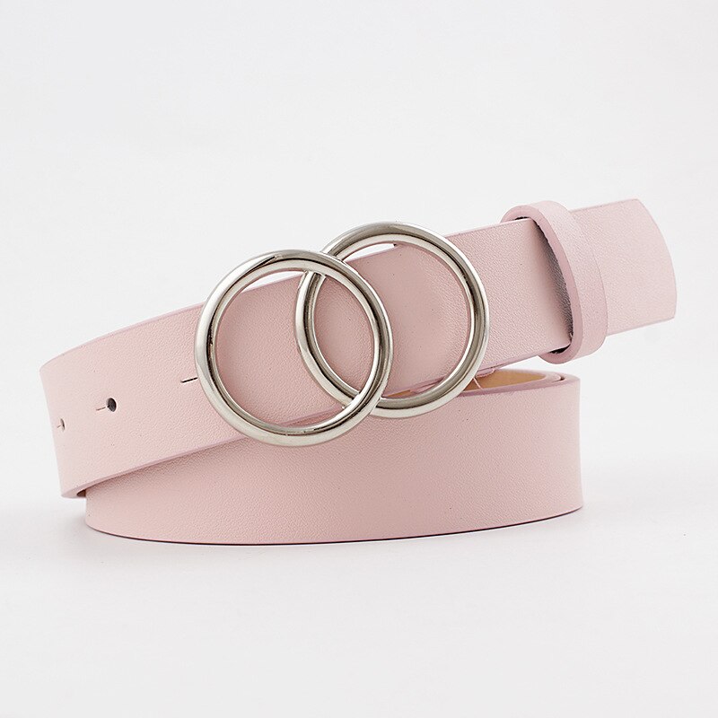 Cinturón con hebilla de doble anillo para mujer, Vintage informal, hebilla plateada que combina con todo, cinturilla de cuero artificial, novedad de: Rosa