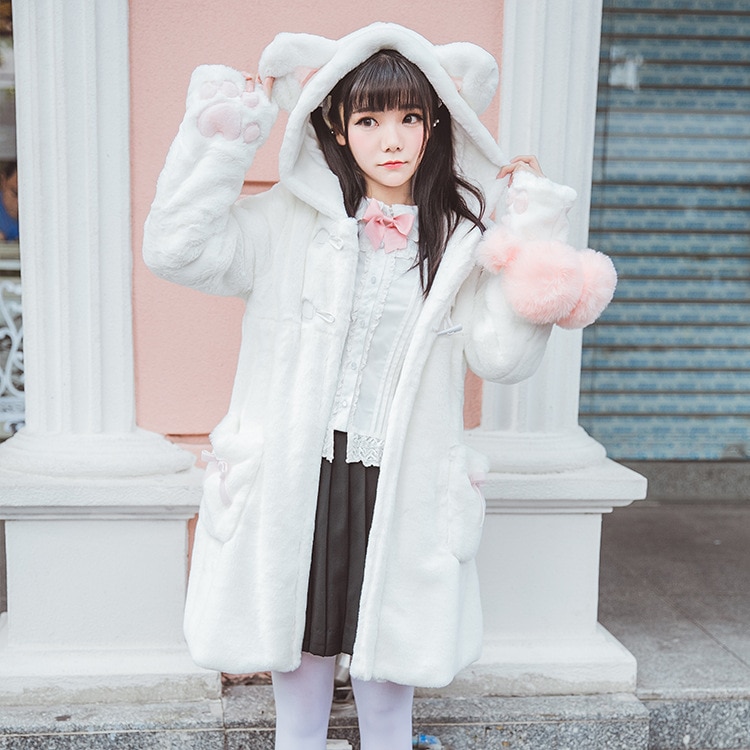 Abrigo de felpa estilo universitario japonés de invierno de lolita dulce, grueso, lindo, con botones de cuerno de gato, abrigo mediano largo, abrigo de chica kawaii loli