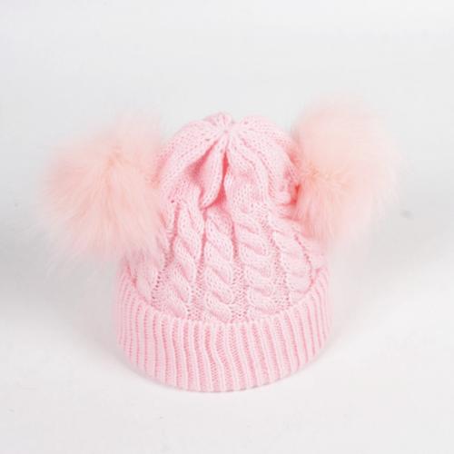 Gorros de invierno para niños, orejas para niñas, niños, gorros cálidos, gorros de invierno para bebés, gorro trenzado de doble Pompón, gorro de punto, conjunto de bufanda de cuello cálido: Rosa
