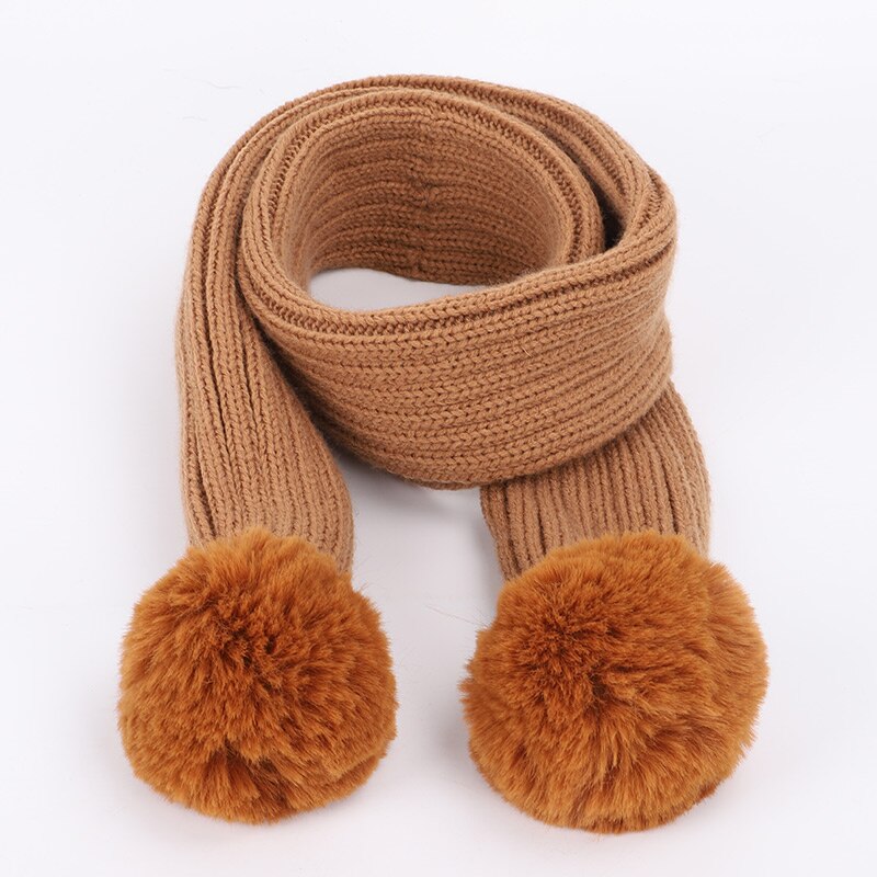 Mode kinderen Gebreide Mutsen Muts Sjaal 2 Stuks Set Effen Kleur Winter Jongen Meisje pompom Zachte Cap sjaals Baby Kids: Khaki-3