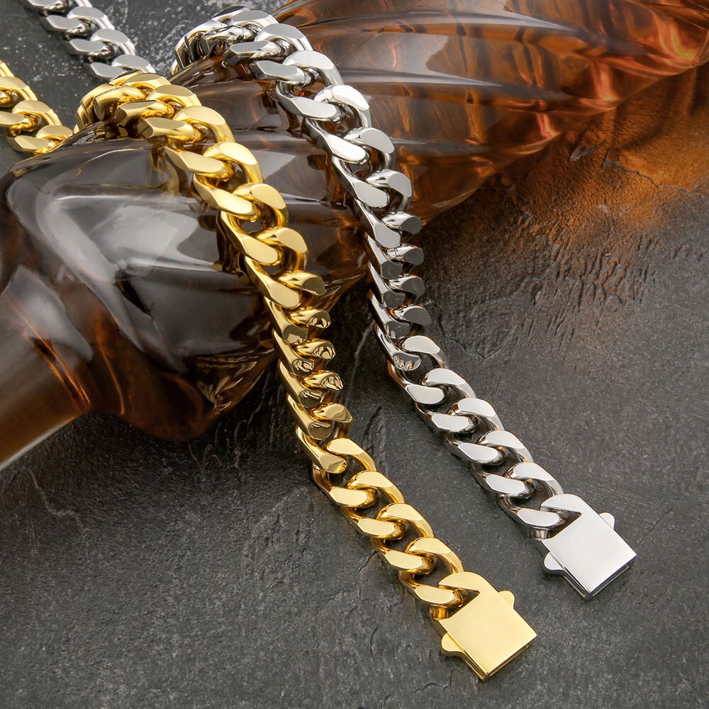 8-16mm HipHop Miami Curb Cuban Chain Necklace Stainless Steel Men Cuban Link Chain Rappe Jewelry