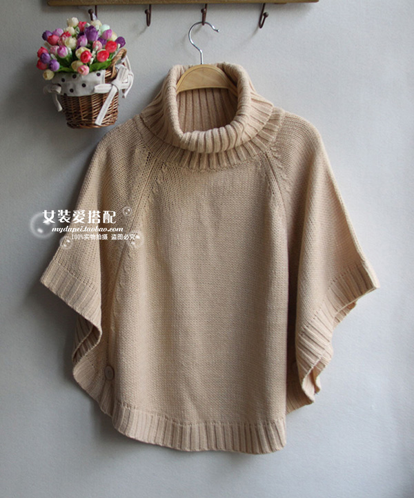 Kvinders kapper og ponchoer kvinder sjal kappe frakke bat ærme turtleneck sweater efterår og vinter kappe plus størrelse: Abrikos