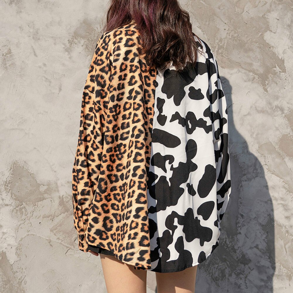 Homme chemise imprimé léopard vache bicolore à manches longues chemise hawaïenne plage fête streetwear Harajuku hip-hop décontracté haut ample