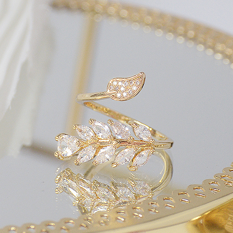 14K Real Gold Full CZ Leave Ring for Women Adjustable Open AAA Zircon Delicate Daily Jewelry Pendant