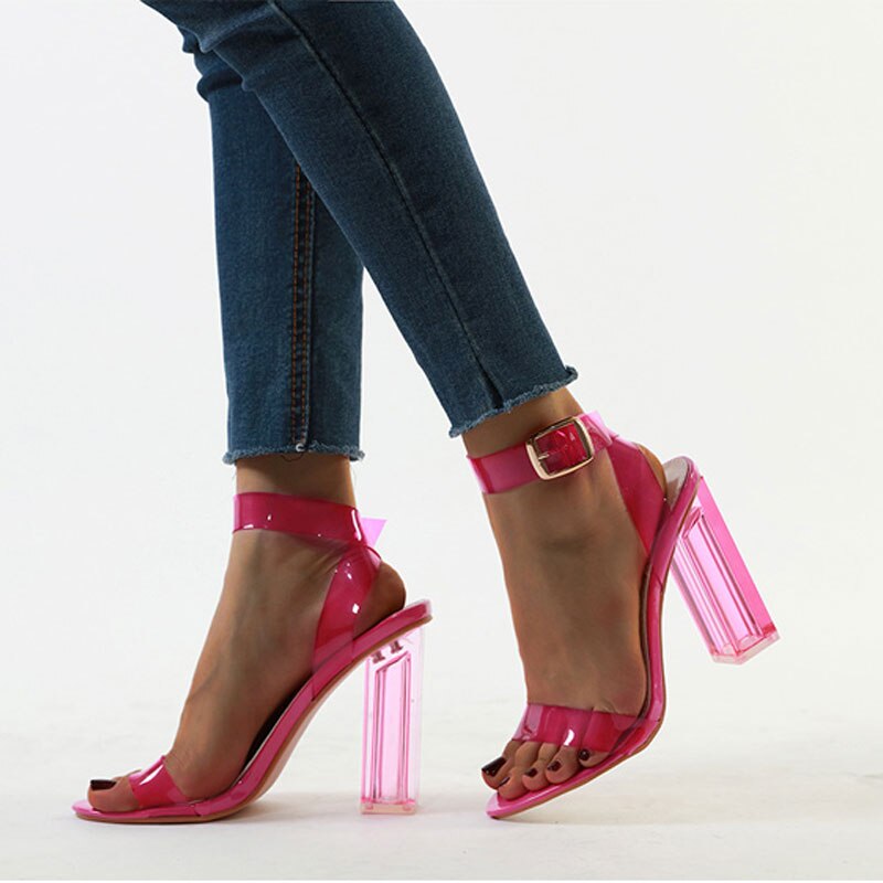 Neon Green PVC Transparent Sandals Women Open Toe Shallow Chunky High Heels Sandals Women Clear Heed Transparent Sandals Shoes: rose red / 39