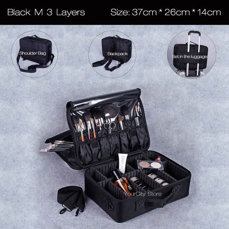 Neceser de para mujer, organizador de maquillaje de viaje, caja de maquillaje , bolsa de cosméticos, bolsas, estuche de belleza para artista de maquillaje: Black M 3 Layers