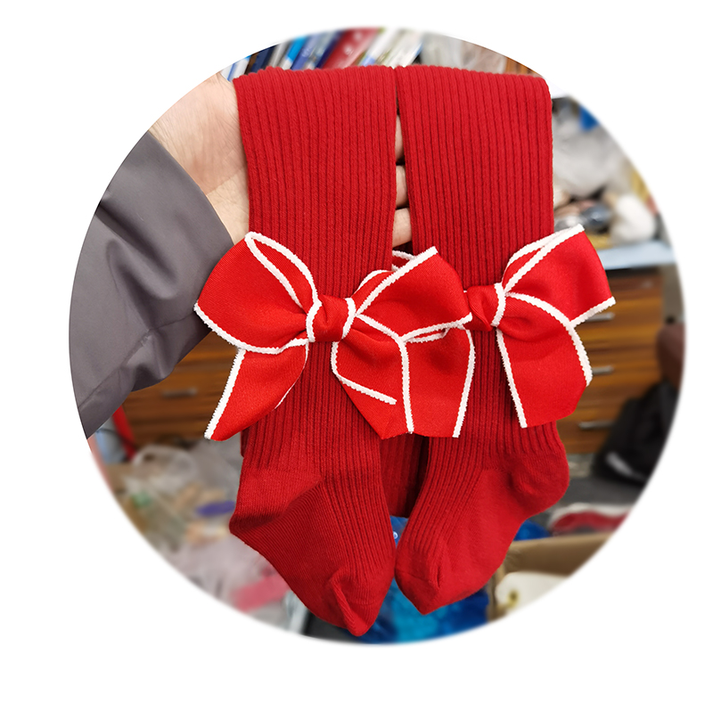 Collants de noël pour bébé fille, bas solide côtelé avec nœud papillon, pour printemps-automne