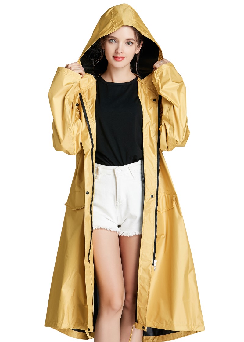 Freesmily Vrouwen Lange Dikke Regen Jas Stijlvolle Waterdichte Regenjas Regen Poncho Cape Met Kap Mouwen En Pocket: Gold / Xl