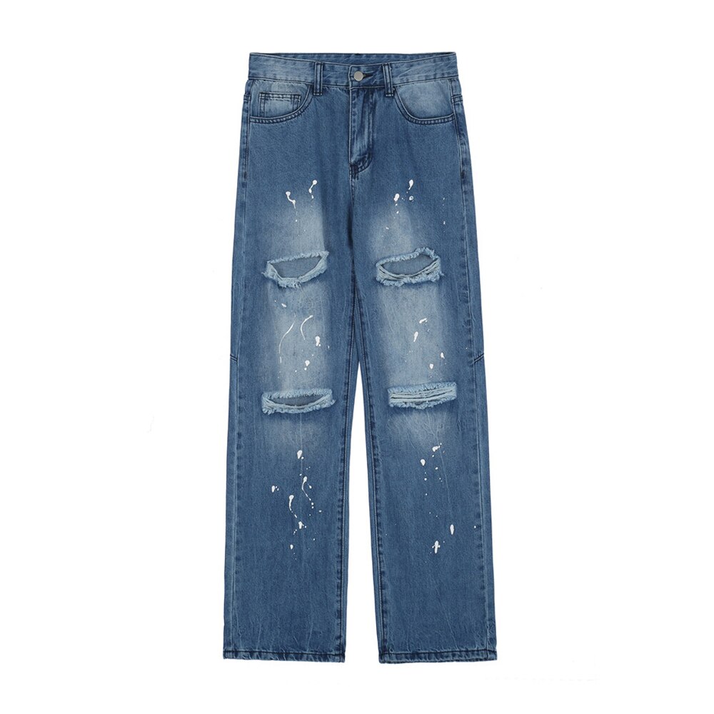Ripped Splash Inkt Print Denim Broek Heren High Street Casual Losse Rechte Pijpen Broek Streetwear Verontruste Jeans Broek Mannen: L