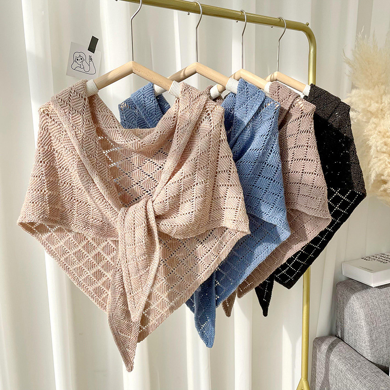 Knitted Small Shawl Women Wear Spring and Autumn Thin Hollow Shawl,Sunscreen and Warm Pure Color Triangular Shawl
