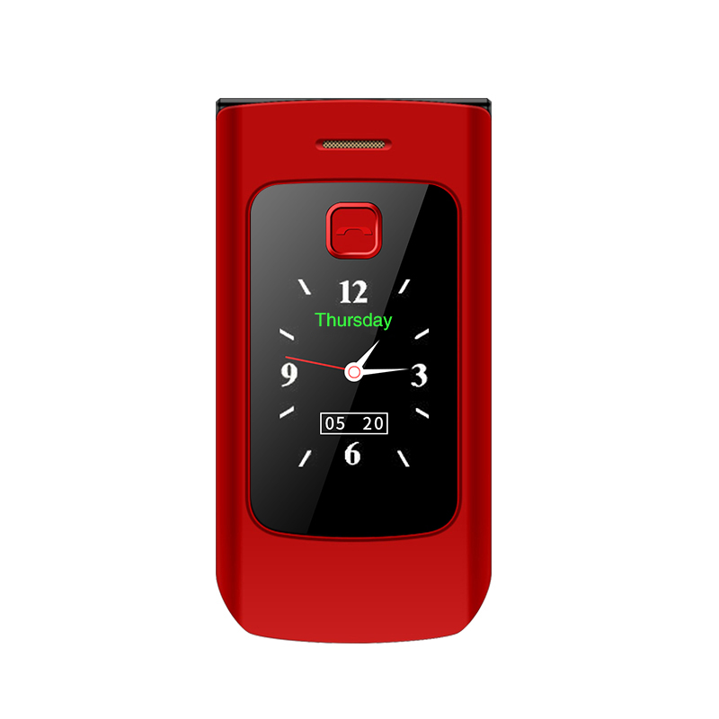 Flip celular Mobile Phones dual screen speed dial SOS loud sound FM Radio recorder torch MP3 clamshell cell phones: standard / Red