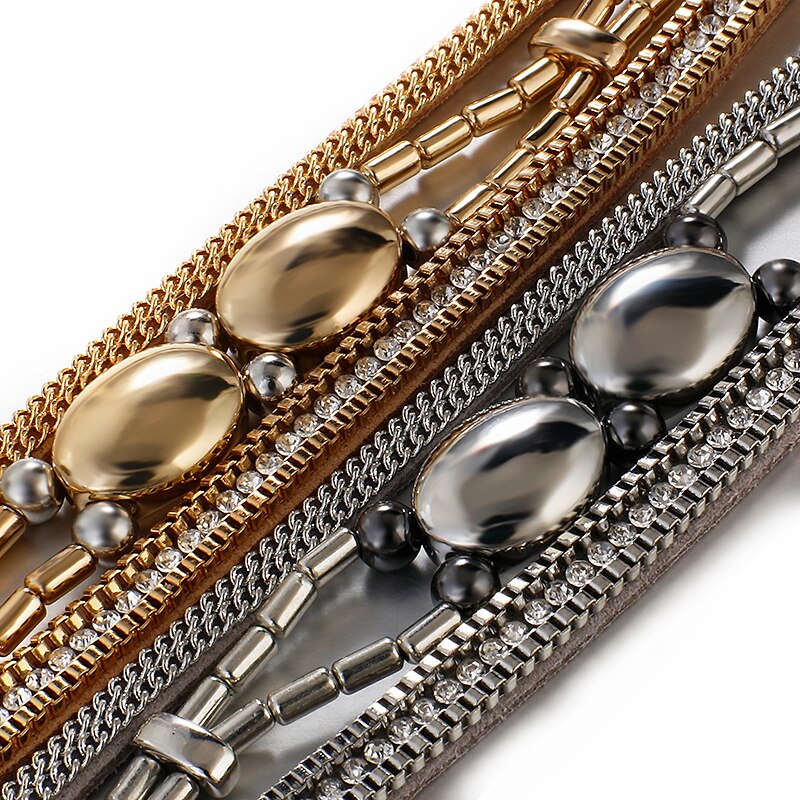 Allyes Leuke Kralen Metal Lederen Armbanden Voor Vrouwen Mode Goud Kleur Punk Wrap Armband Vrouwelijke Sieraden