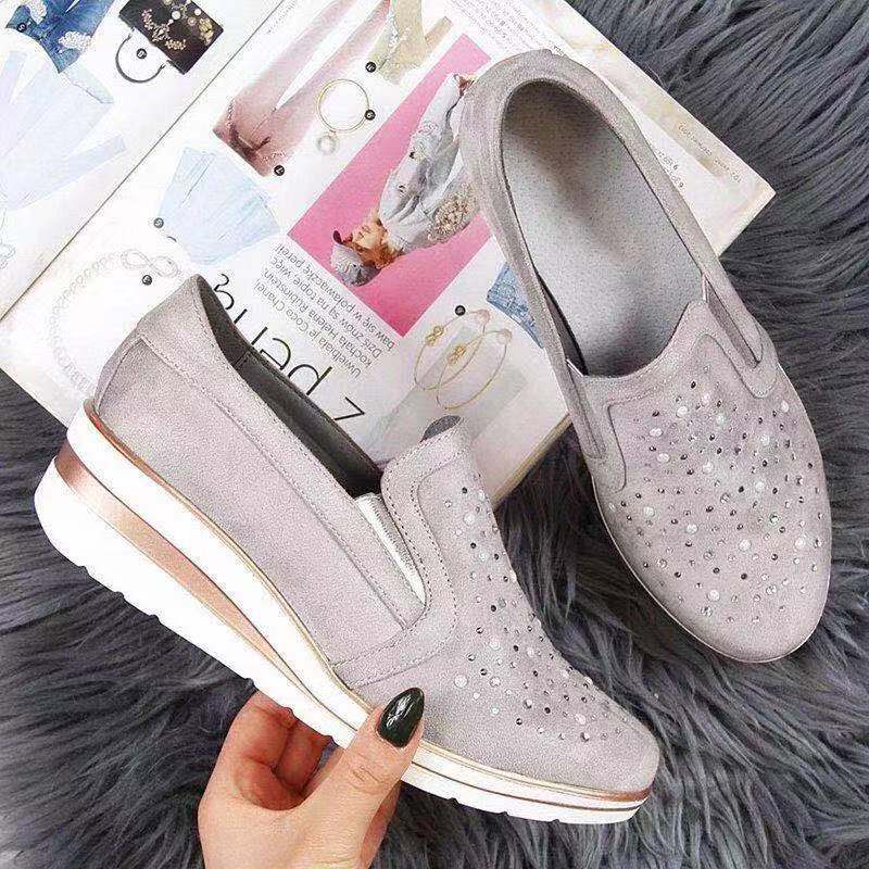 Women's Mesh Wedge Shoes Diamond Slip-on Cotton Casual Shoes for Woman Walking Sneakers Loafers Soft Shoes Zapato: Gray / 42