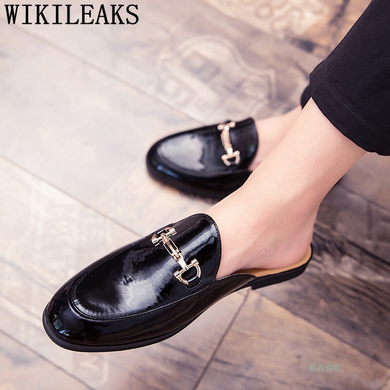 Italian Men Half Shoes Brand Patent Leather Mens Casual Shoes Coiffeur Shoes Men Slide Slipper Buty Meskie
