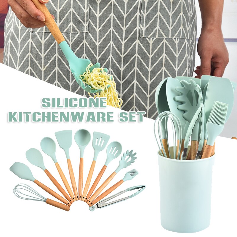 Cooking Utensils Set with Holder for Kitchen Non Stick 11 Pcs Cookware with Wooden Handle Cooking Accessory MAZI888