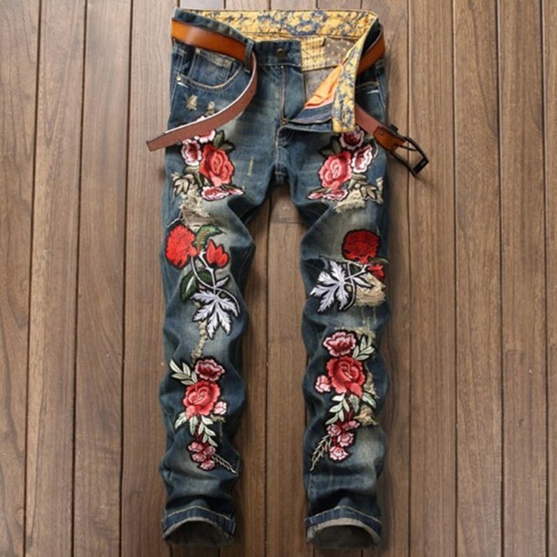 Autumn Straight Leg Slim Jeans Embroidered Rose Tide Pants Classical Retro Ripped Denim Trousers Clothing: Asian size 29