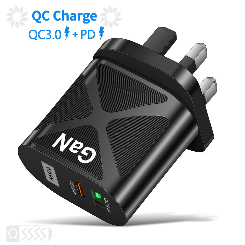 65W USB GaN Charger Type C PD Fast Charging for iPhone 13 12 Pro iPad Mobile Phone Quick Charger QC 3.0 4.0 Wall Adapter Plug: Black UK