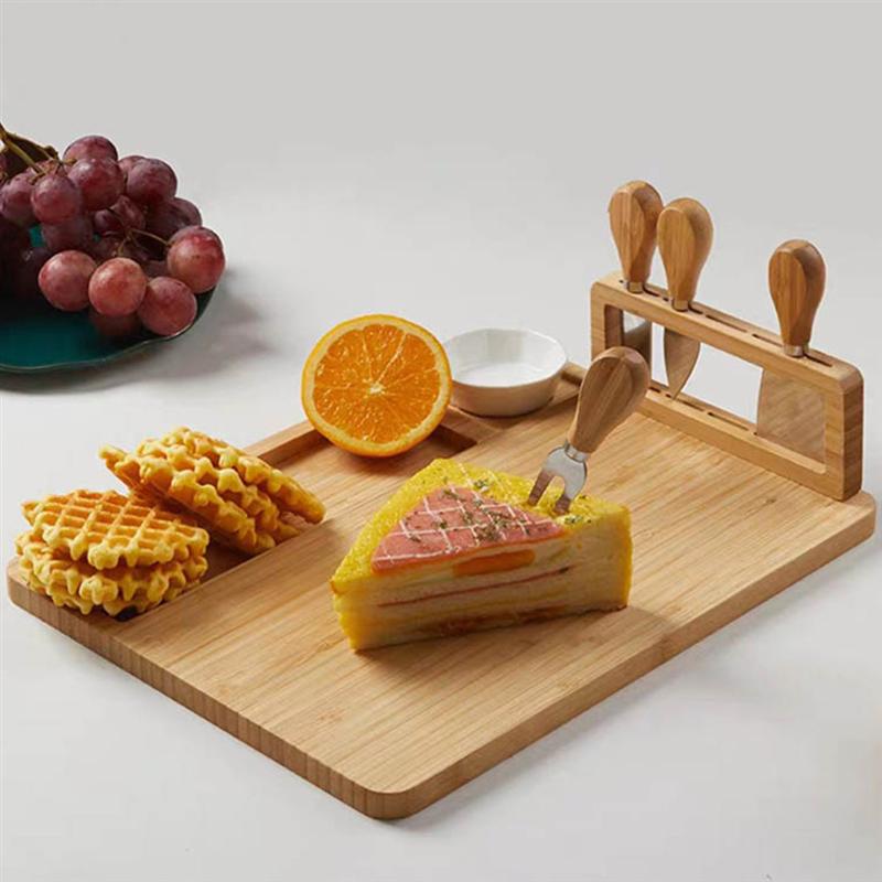 Tabla de bambú para queso, tabla de corte de madera con cuchillos de acero inoxidable, rebanador de queso, cuchara de horquilla, cortador, herramientas de cocina