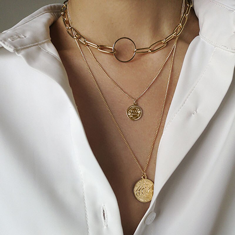 IPARAM Bohemian Multilayer Thick Chain Pendant Necklace Pearl Coin Geometric OT Buckle Necklace Jewelry: IPA0583