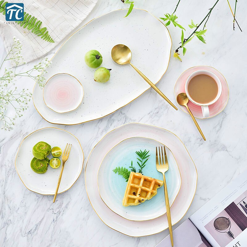 Marble Plates Ceramic Dinner Set Gold Inlay Porcelain Dessert Plate Steak Salad Snack Cake Plates Tableware Dinnerware Sets